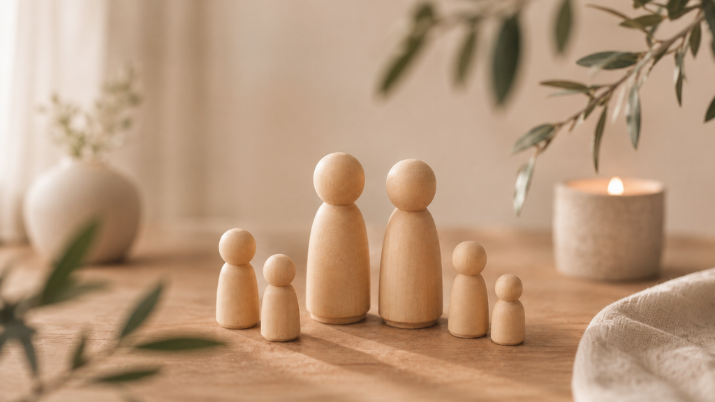 Houten familiefiguren als symbool voor familieopstellingen en systemisch werk